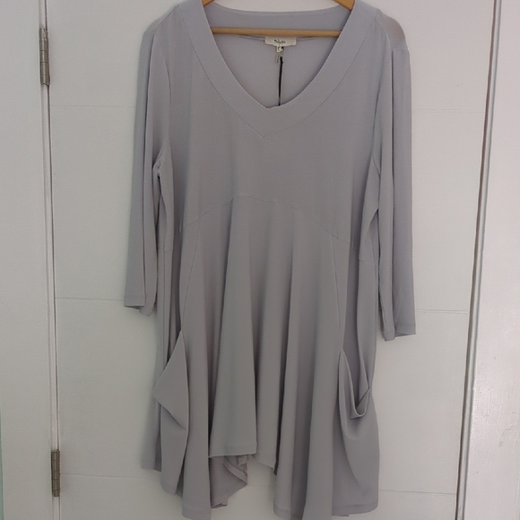 Coletta Lagenlook Boho Strechy Gray V-Neck Women's Tunic Top Pockets 3/4 Sleeves - Picture 1 of 6